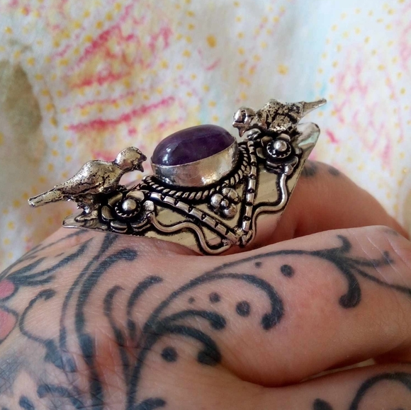 ❤ Sterling silver Amethyst Bird Sparrow Big Statement Ring sz 7.5 - Picture 4 of 5